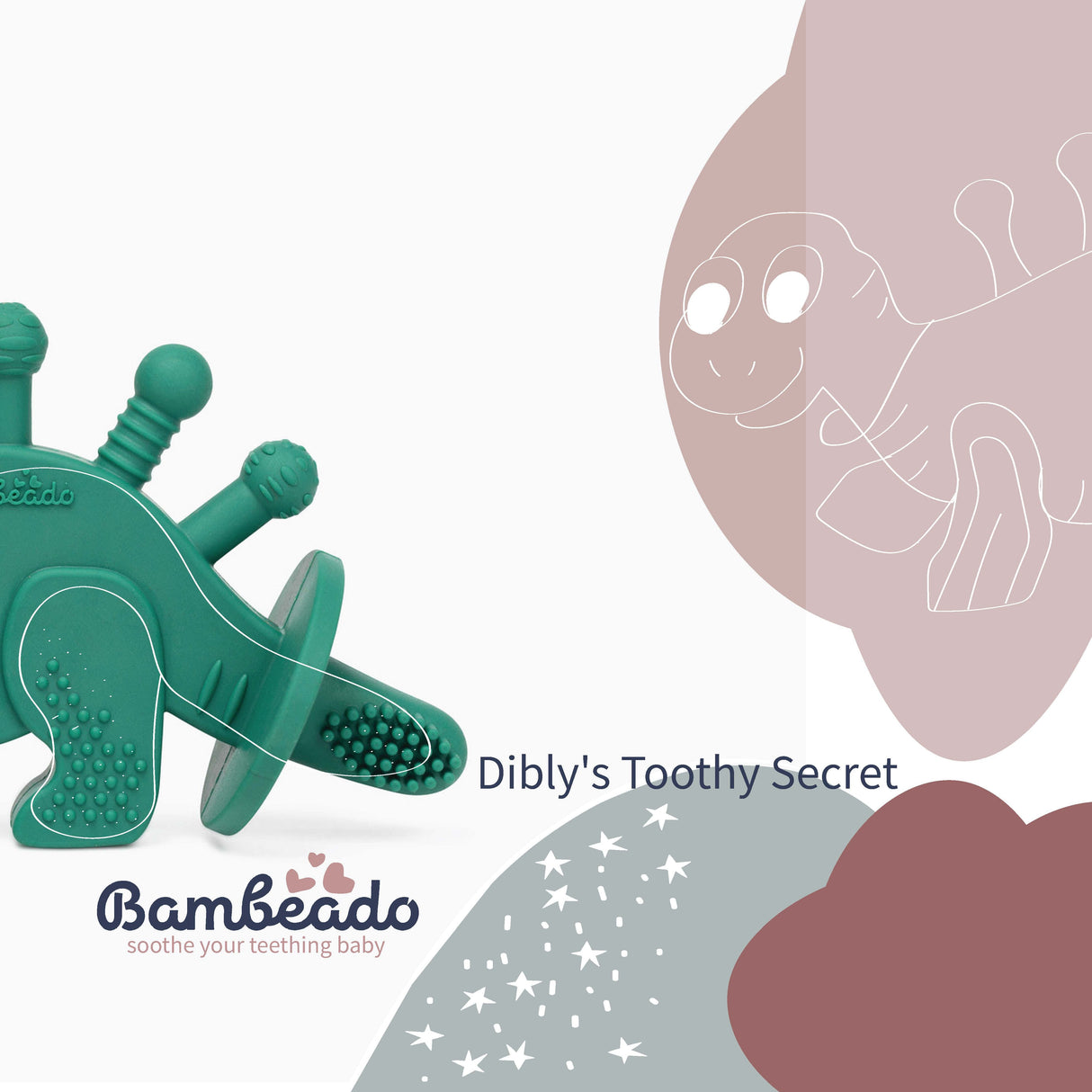 Dibly - Green - Baltic Amber & Natural Rubber Dinosaur Teether with Toothbrush Tail- - HoneyBug