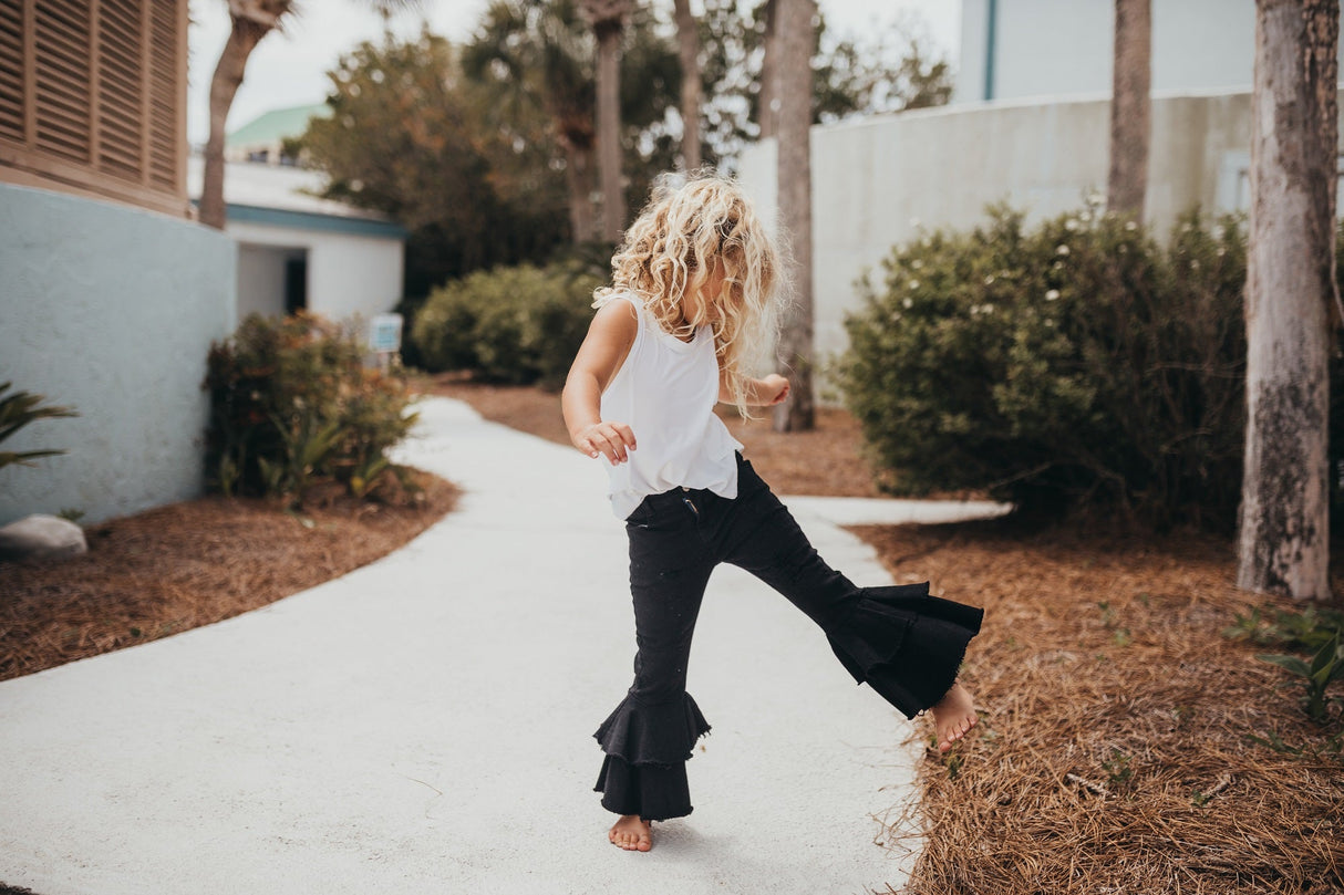 Black Denim Double Ruffle Pant - HoneyBug