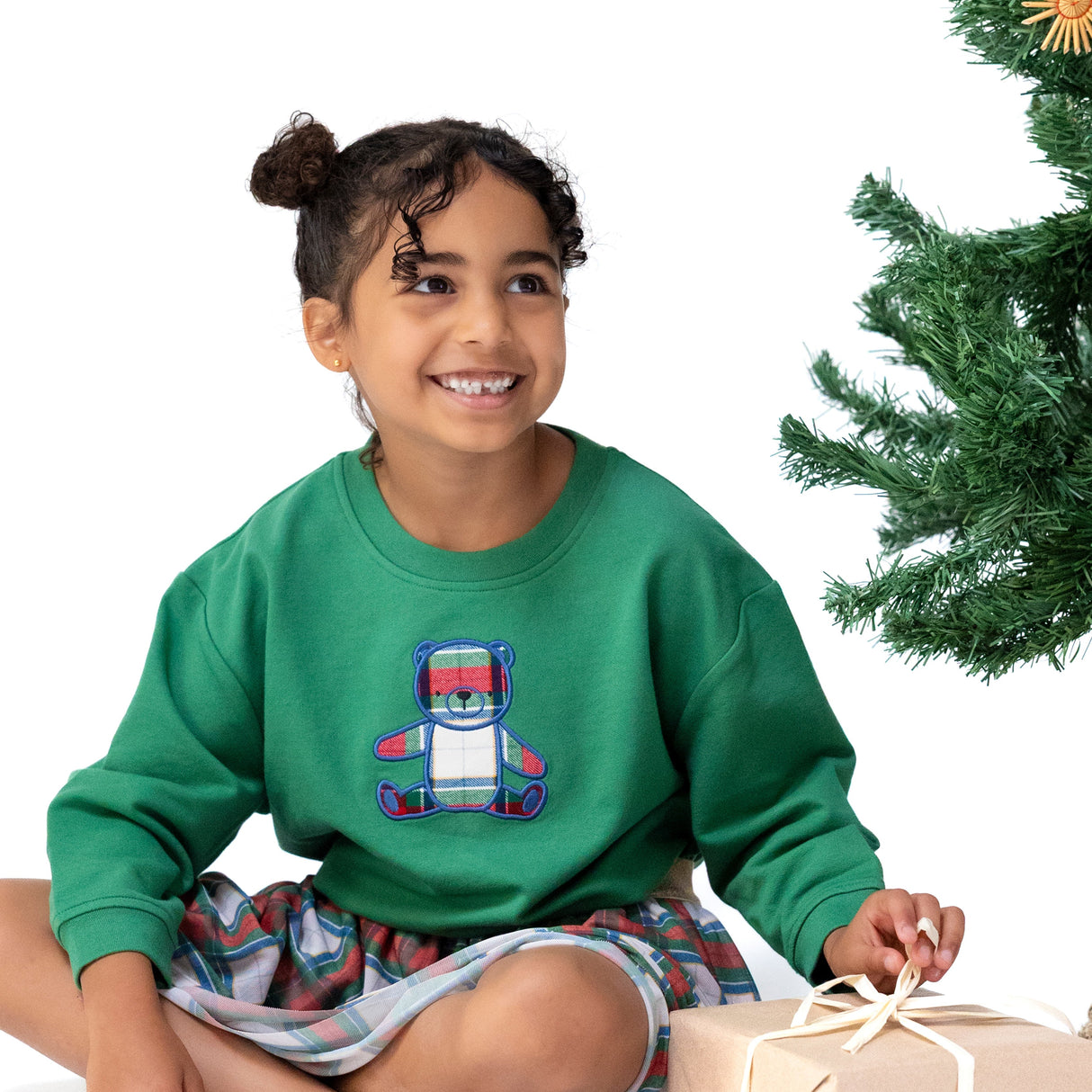 Drop Sleeve Bear Sweatshirt with Rib Cuffs - Holiday Plaid - HoneyBug