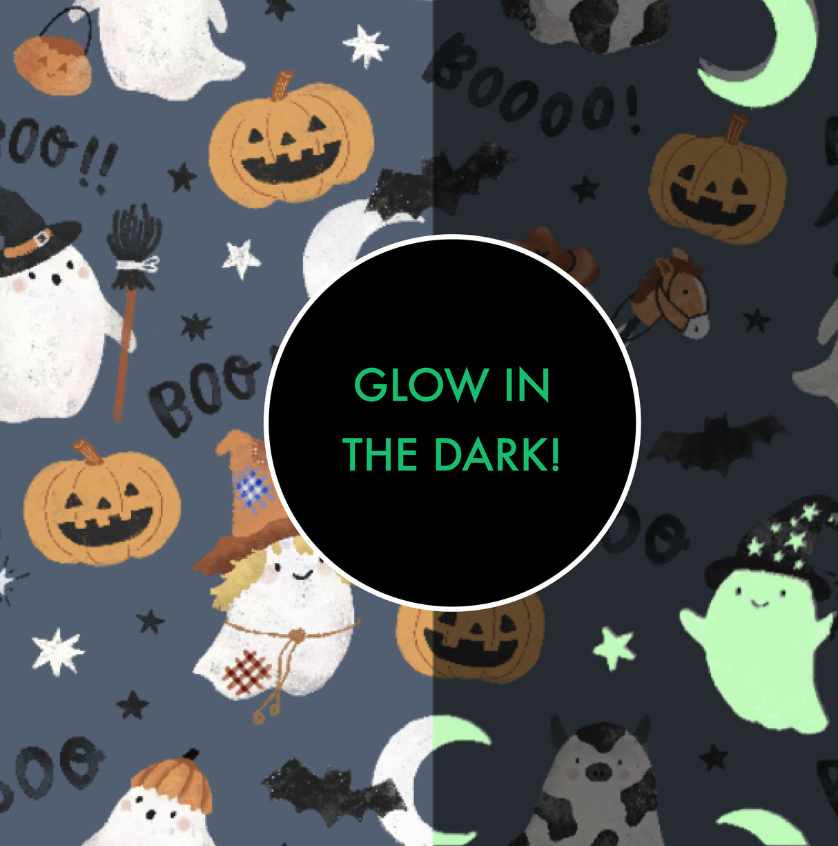 Halloween-themed pattern with pumpkins, ghosts, and bats on a dark background with 'Glow in the Dark!' text.