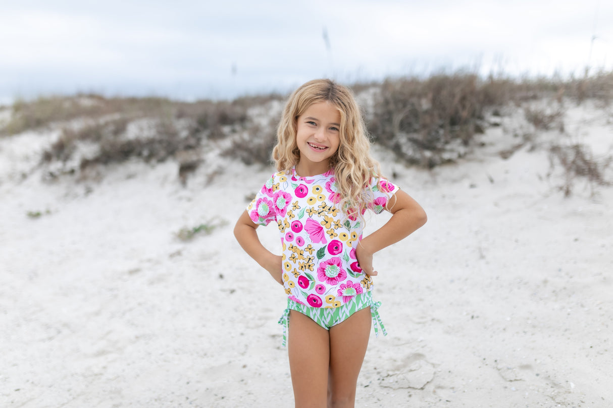 Olivia Green Pink Floral Rash Guard Swimsuit - HoneyBug