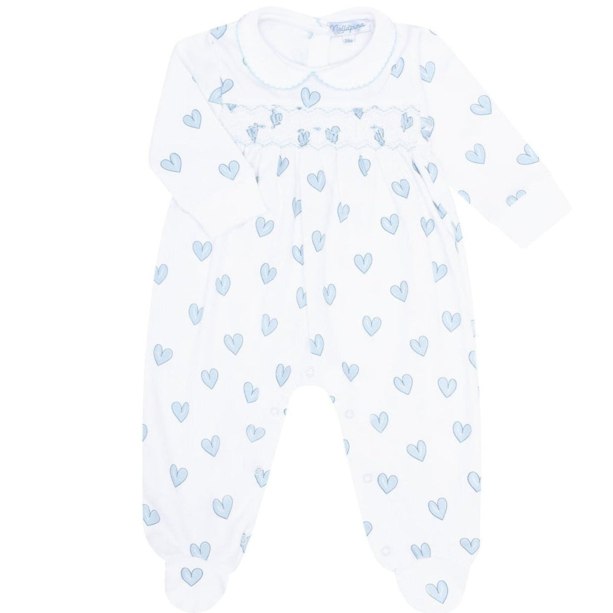 Blue Heart Print Smocked Footie - HoneyBug