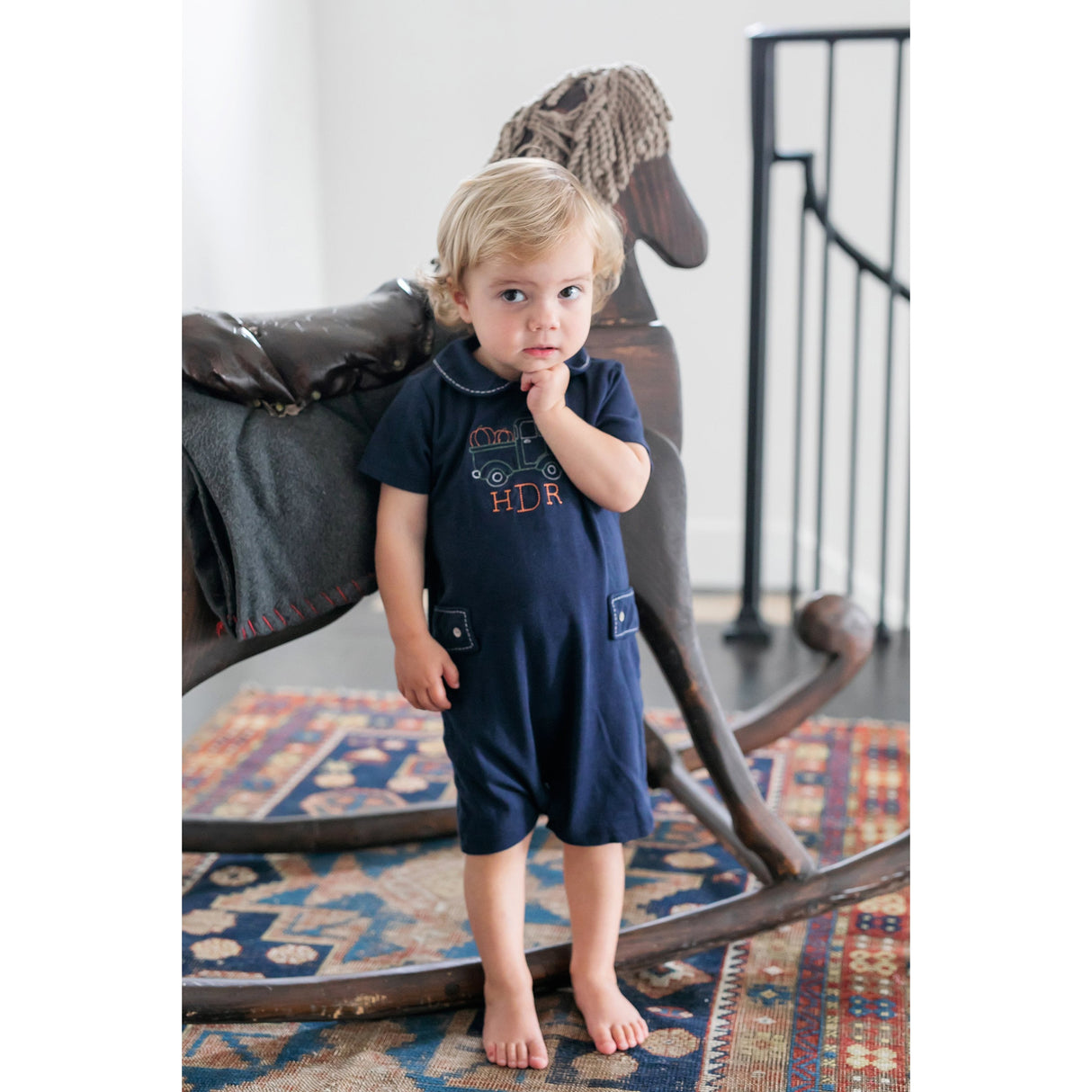 Henry Boys' Pima Cotton Shortall - Navy with White Stitch - HoneyBug