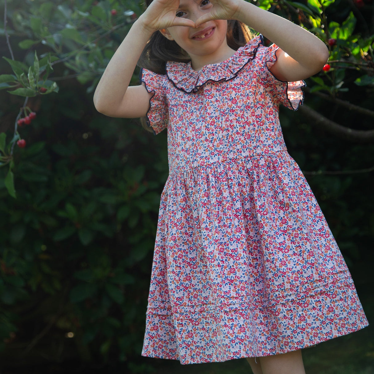 Girls Ana Dress with Ruffles | Red and Blue Floral - HoneyBug