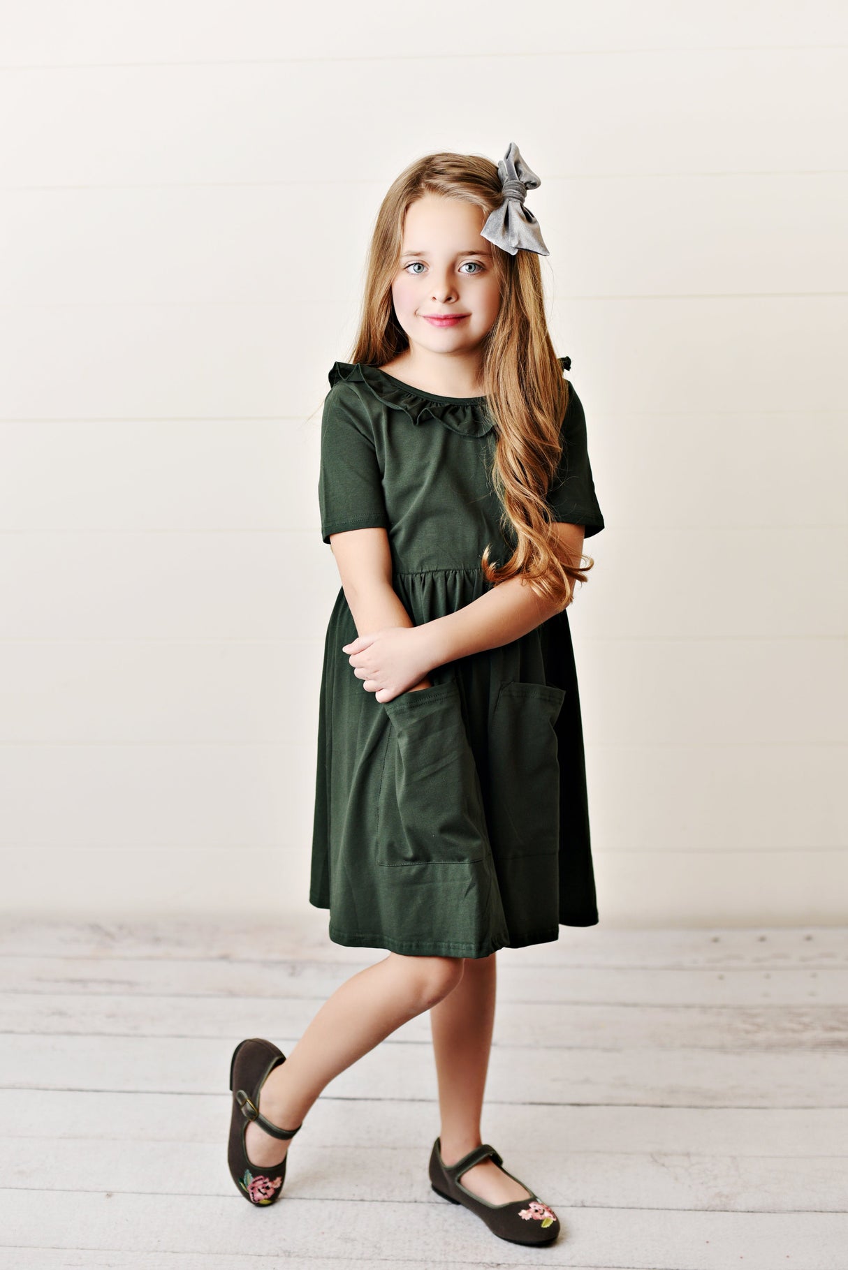 Army Green Ruffle Twirl Dress - HoneyBug
