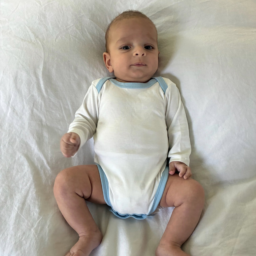 100% Peruvian Pima Cotton White with Chambray Blue Long Sleeve Snap Bodysuit - HoneyBug