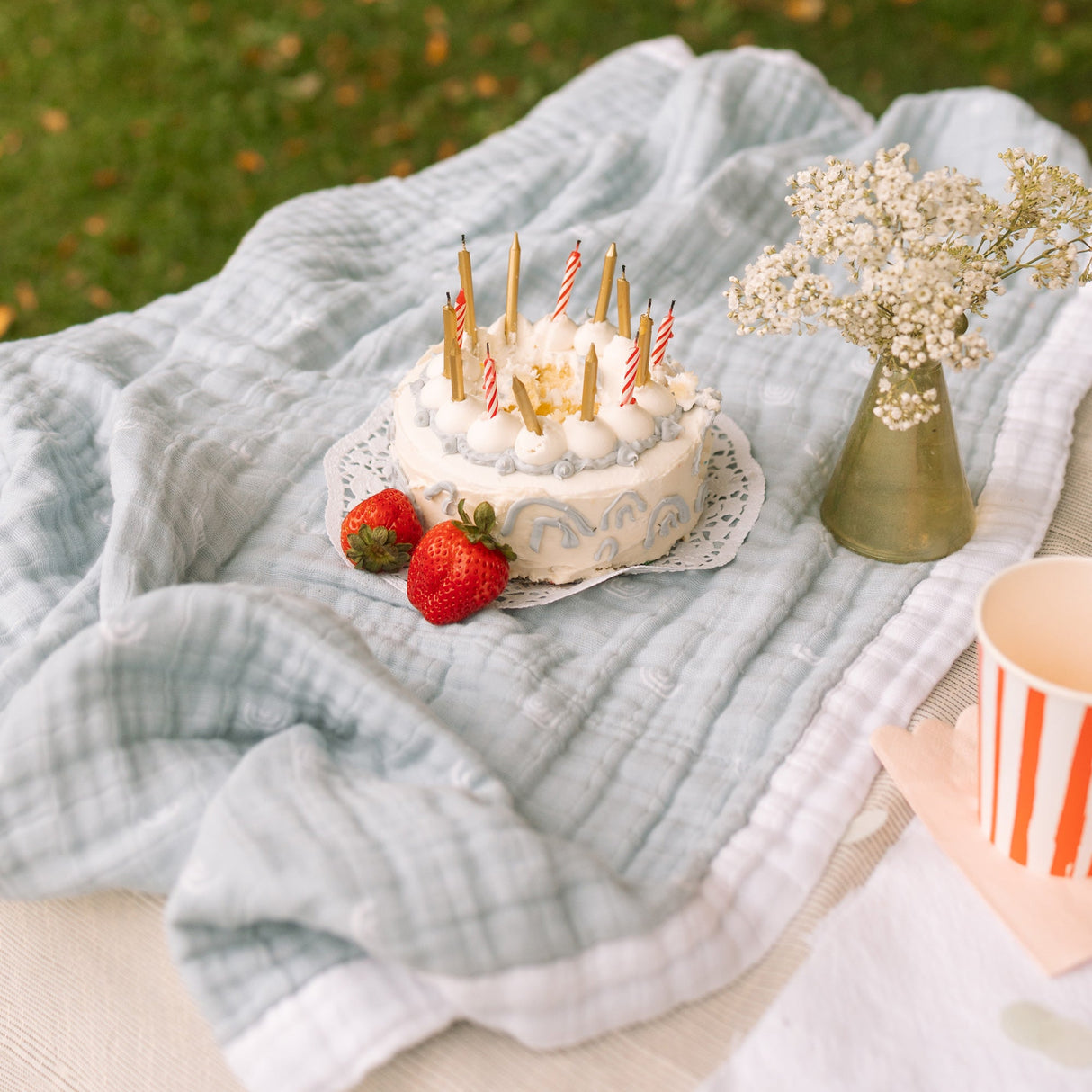 Cotton Muslin Baby Quilt - Blue Rainbow - HoneyBug