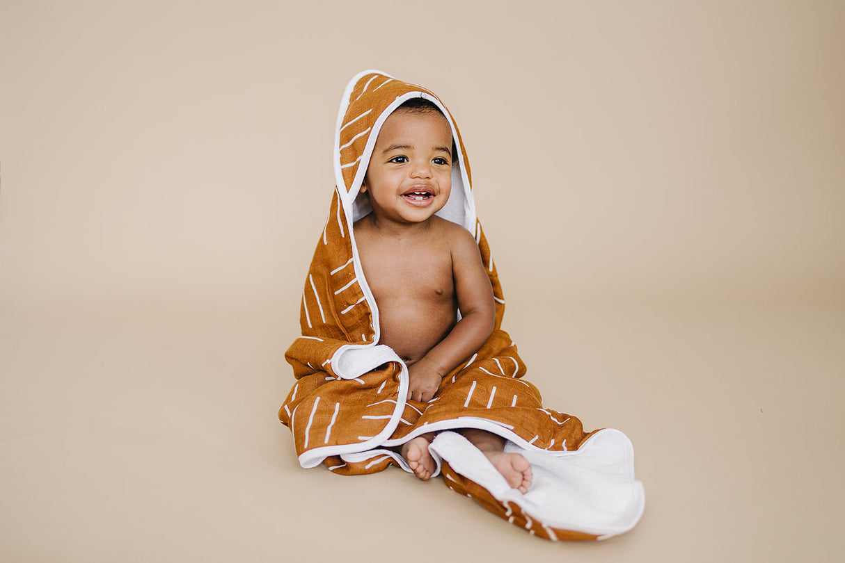 Mustard Mudcloth Muslin Hooded Towel - HoneyBug