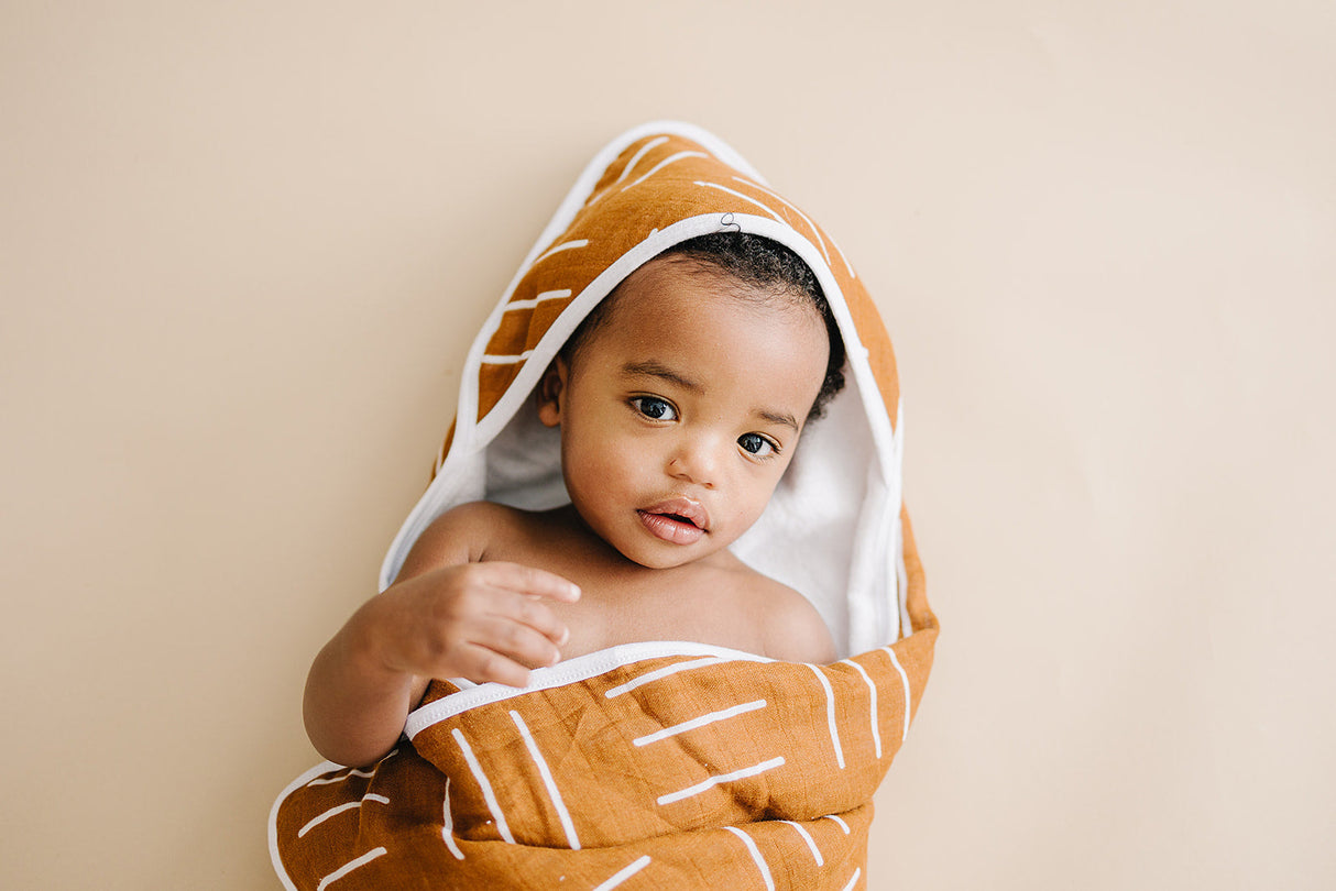 Mustard Mudcloth Muslin Hooded Towel - HoneyBug