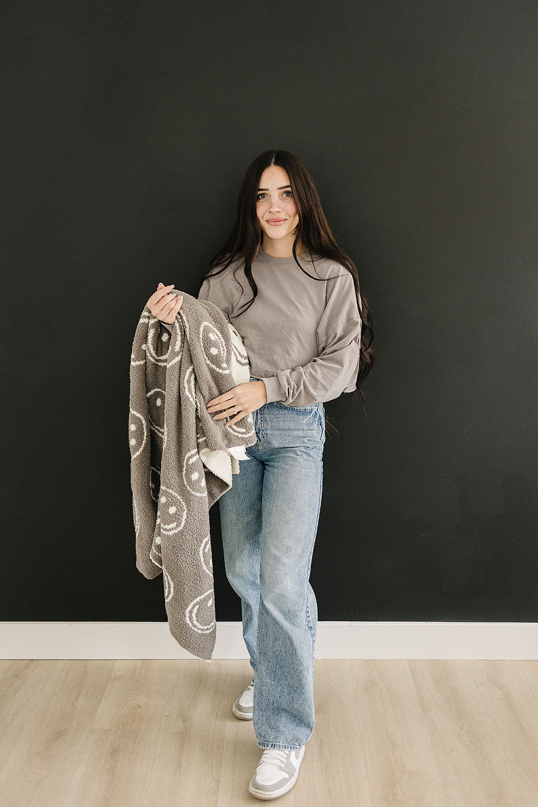 Charcoal Smiley Plush Blanket - HoneyBug