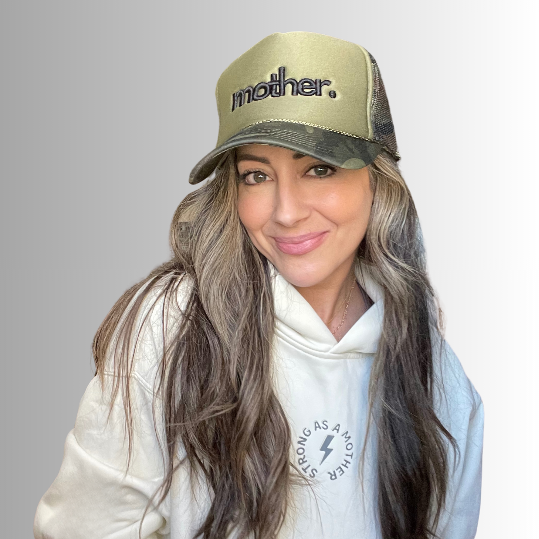 "mother." Embroidered Trucker Hat - Olive + Camo - HoneyBug