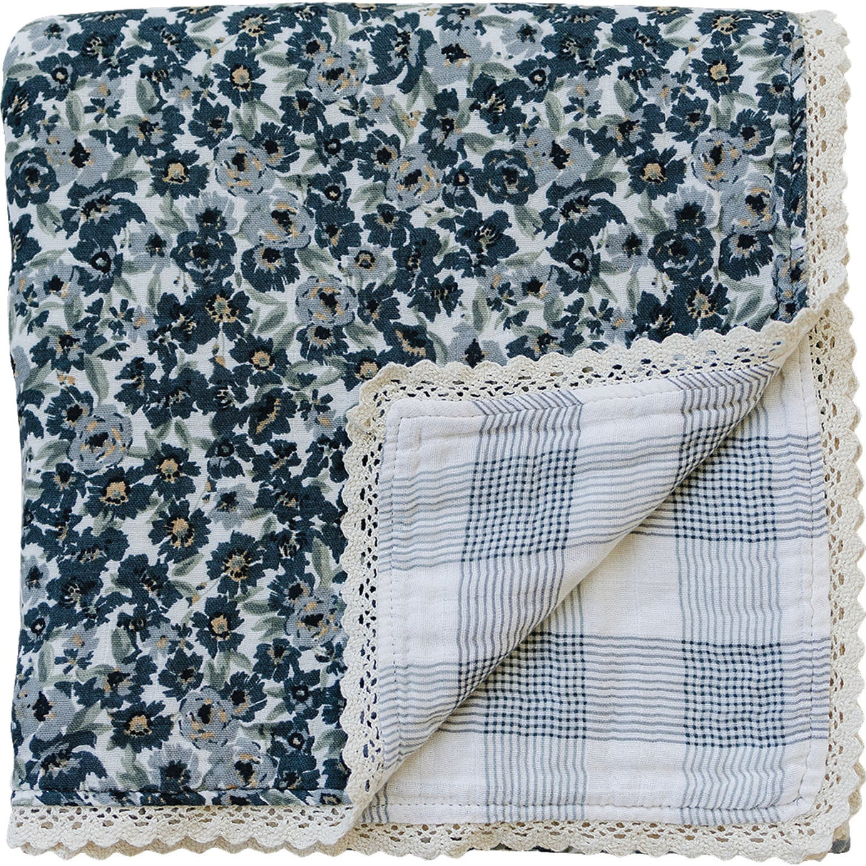Liberty Floral + Coastal Plaid Lace Muslin Quilt - HoneyBug