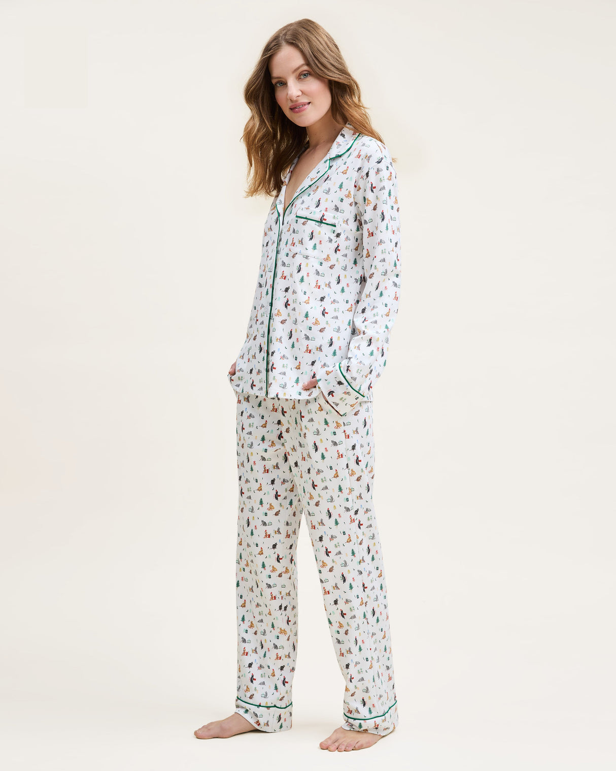 Women's Pima Pajama Set in Merry Meow - HoneyBug