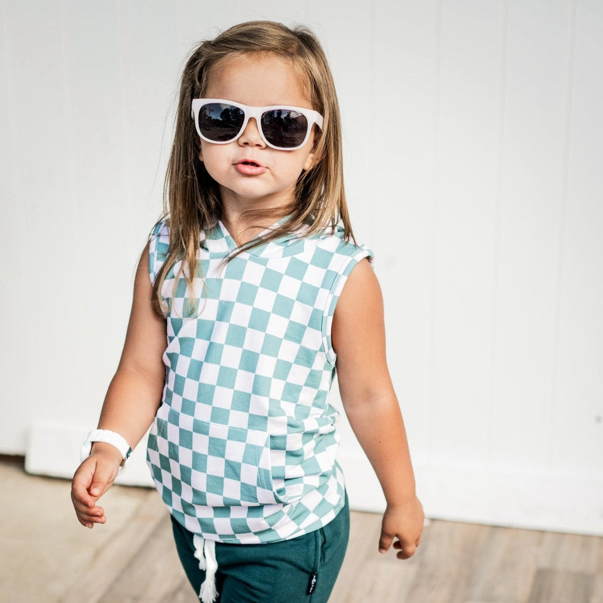 BAMBOO HOODIE TANK- Sage Check - HoneyBug