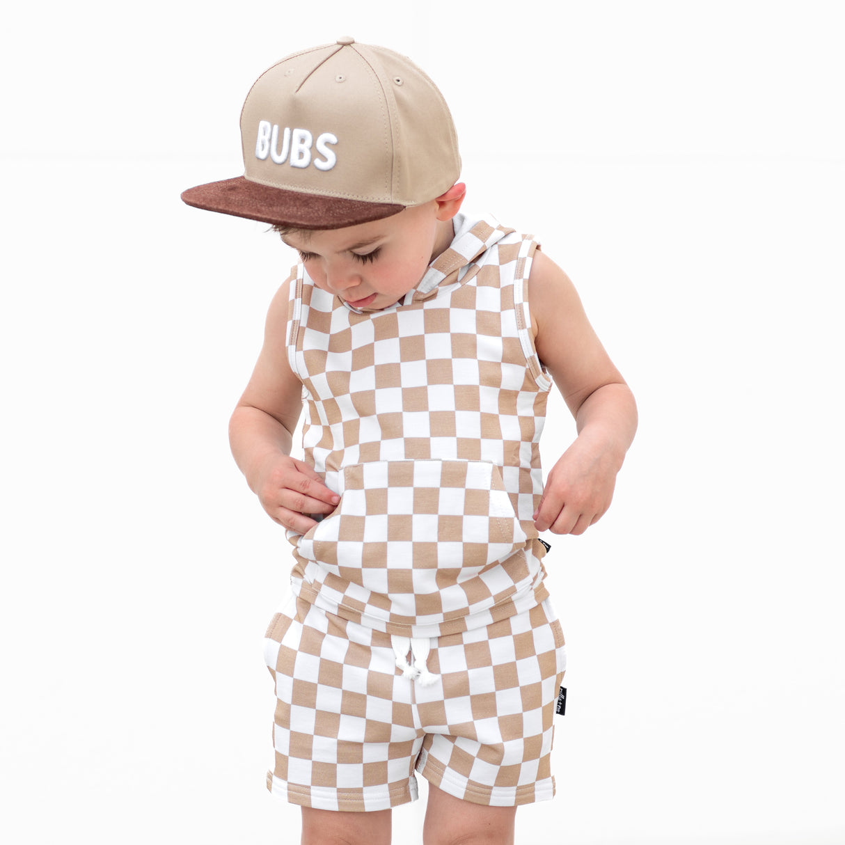 BAMBOO HOODIE TANK- Tan Check - HoneyBug