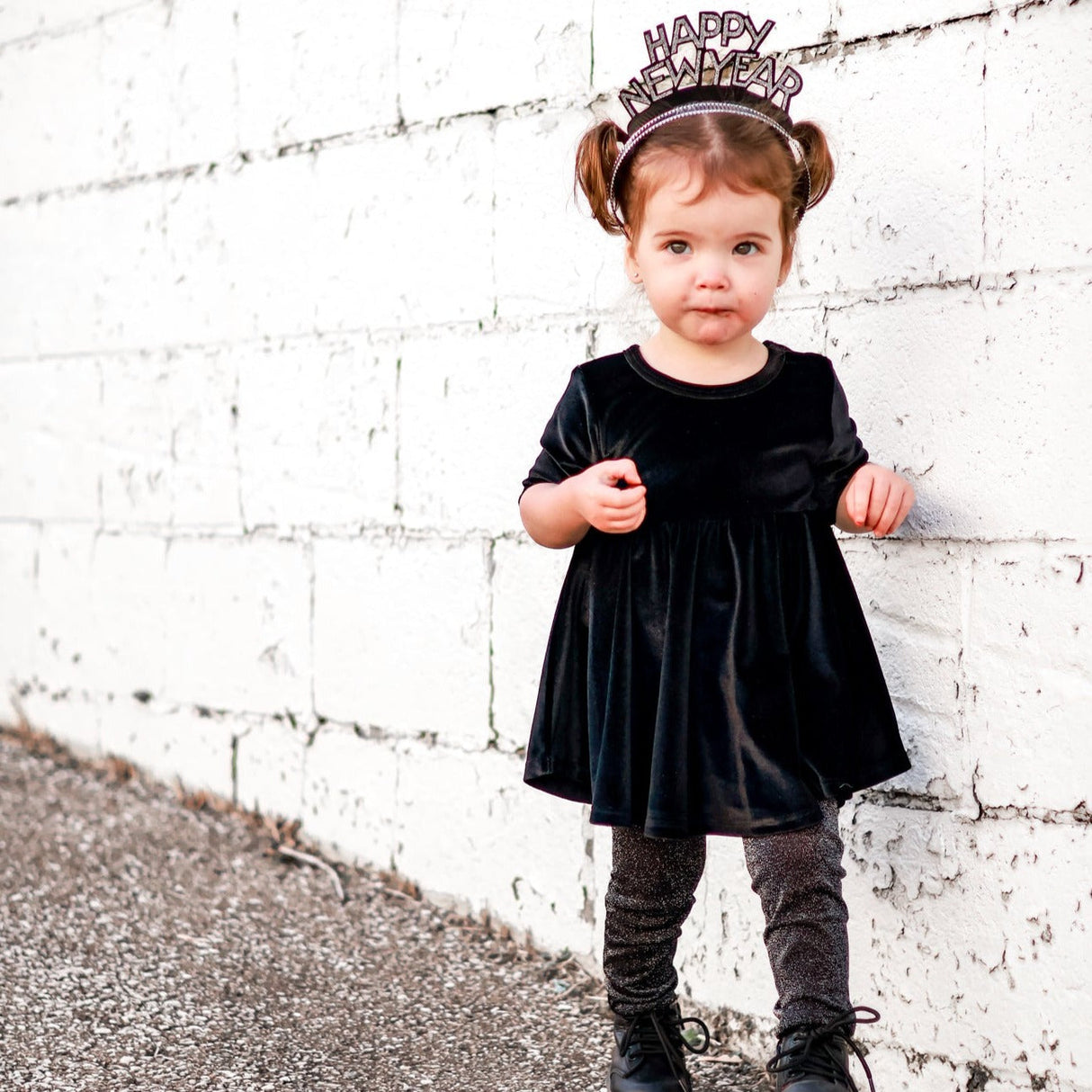 VELVET MID SLEEVE TWIRL- Onyx Stretch Velvet Twirl Dress - HoneyBug