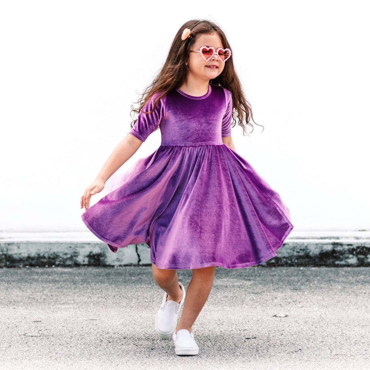 VELVET MID SLEEVE TWIRL- Lavender Stretch Velvet Twirl Dress - HoneyBug