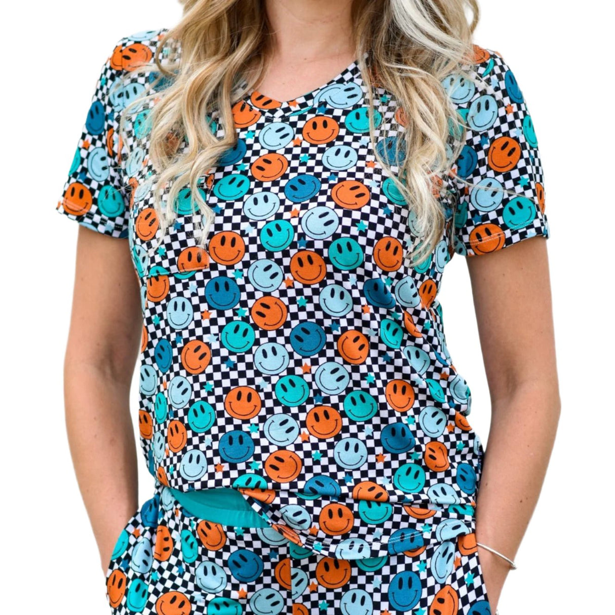 MAMA V-NECK- Blue Check Smile - HoneyBug