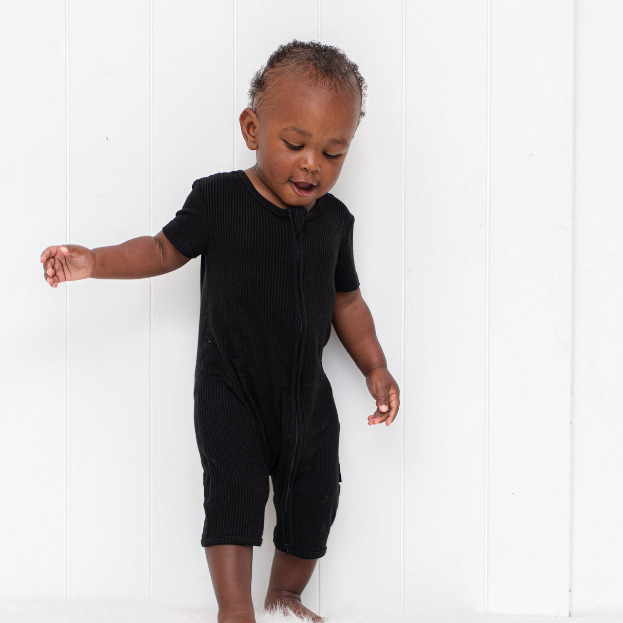 SHORTIE ZIP ROMPER - Midnight Ribbed - HoneyBug