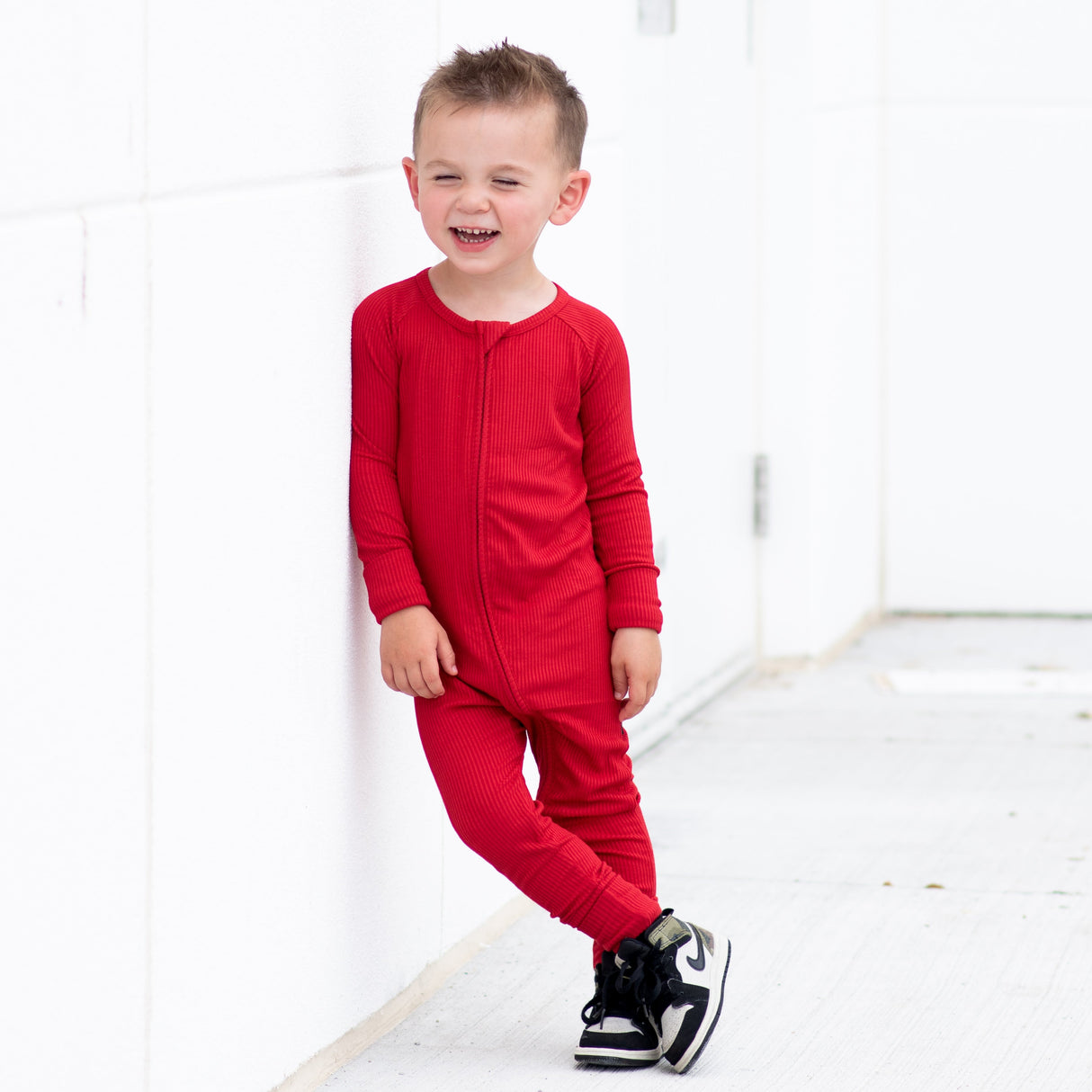 ZIP ROMPER - Red Ribbed - HoneyBug