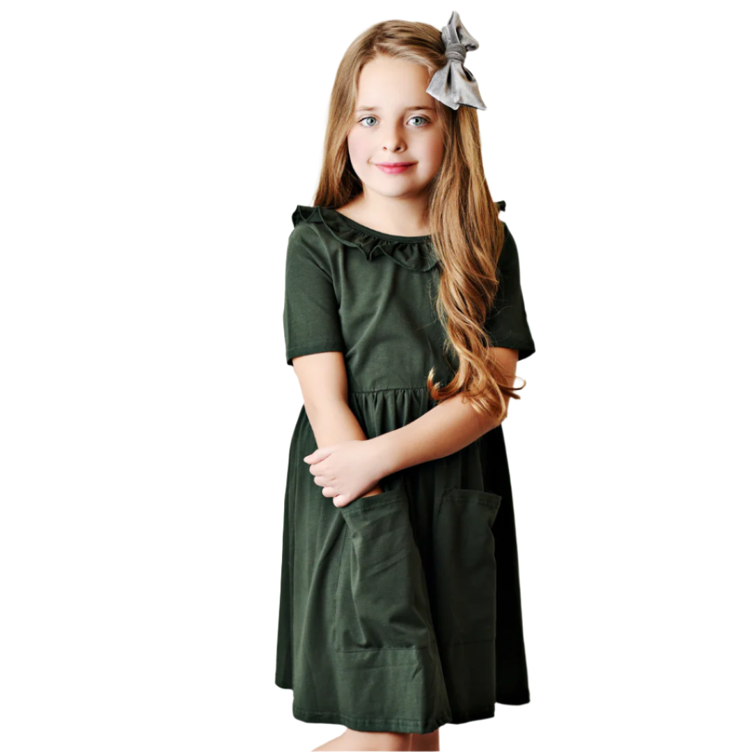 Army Green Ruffle Twirl Dress - HoneyBug