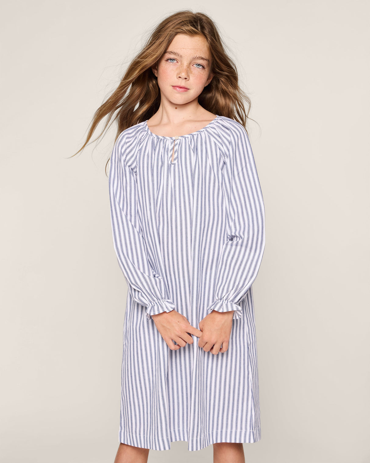 Girl's Twill Delphine Nightgown in Navy French Ticking - HoneyBug