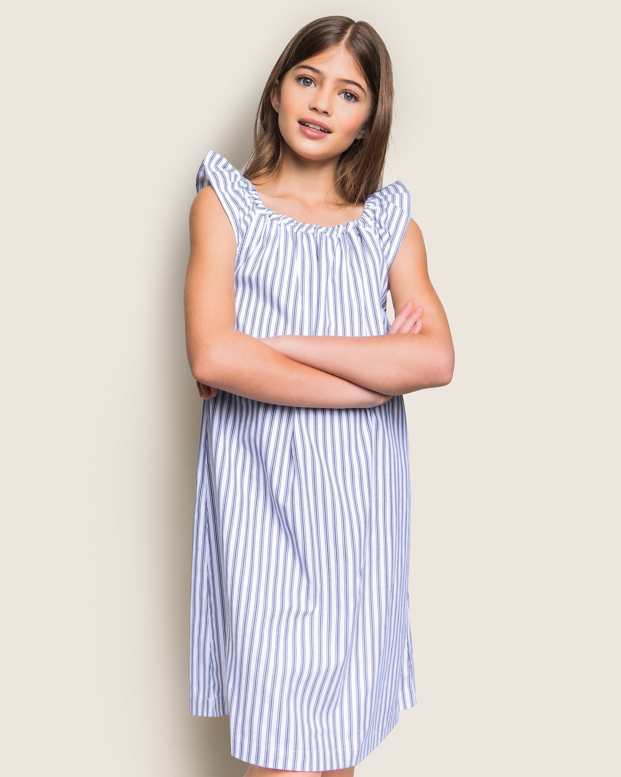 Girl's Twill Isabelle Nightgown in Navy French Ticking - HoneyBug