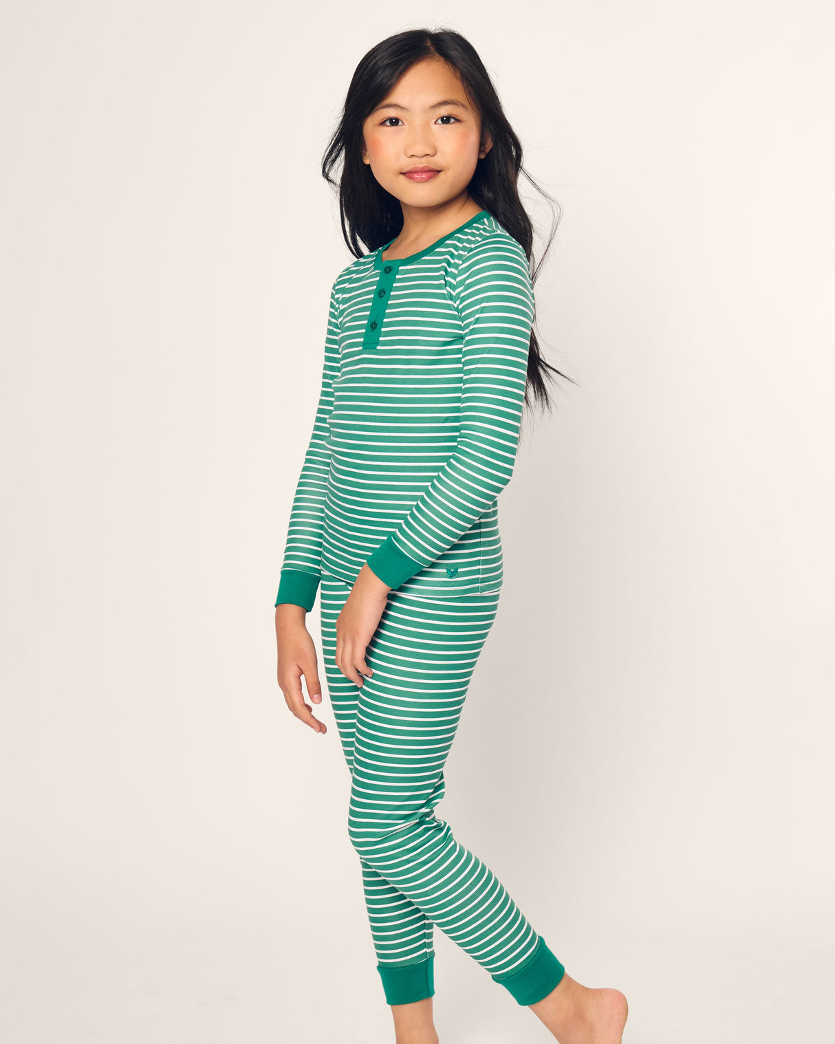 Kid's Pima Snug Fit Pajama Set in Green Stripe - HoneyBug