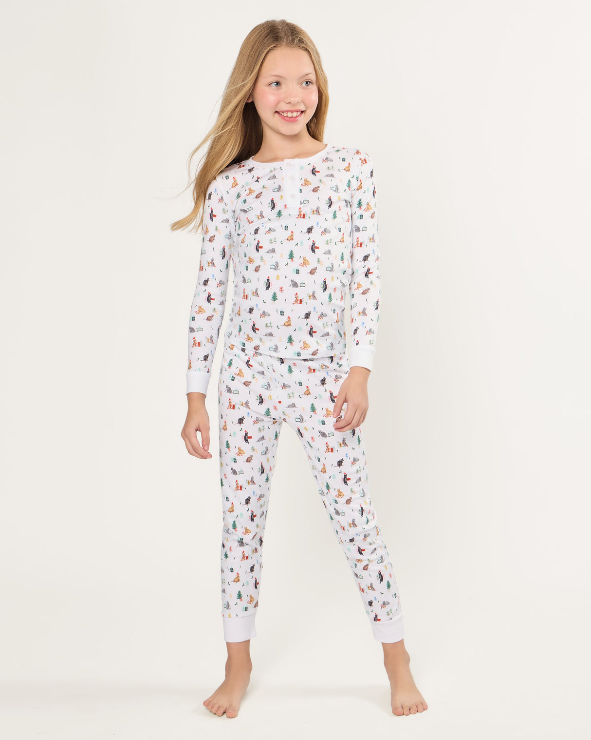 Kid's Pima Snug Fit Pajama Set in Merry Meow - HoneyBug