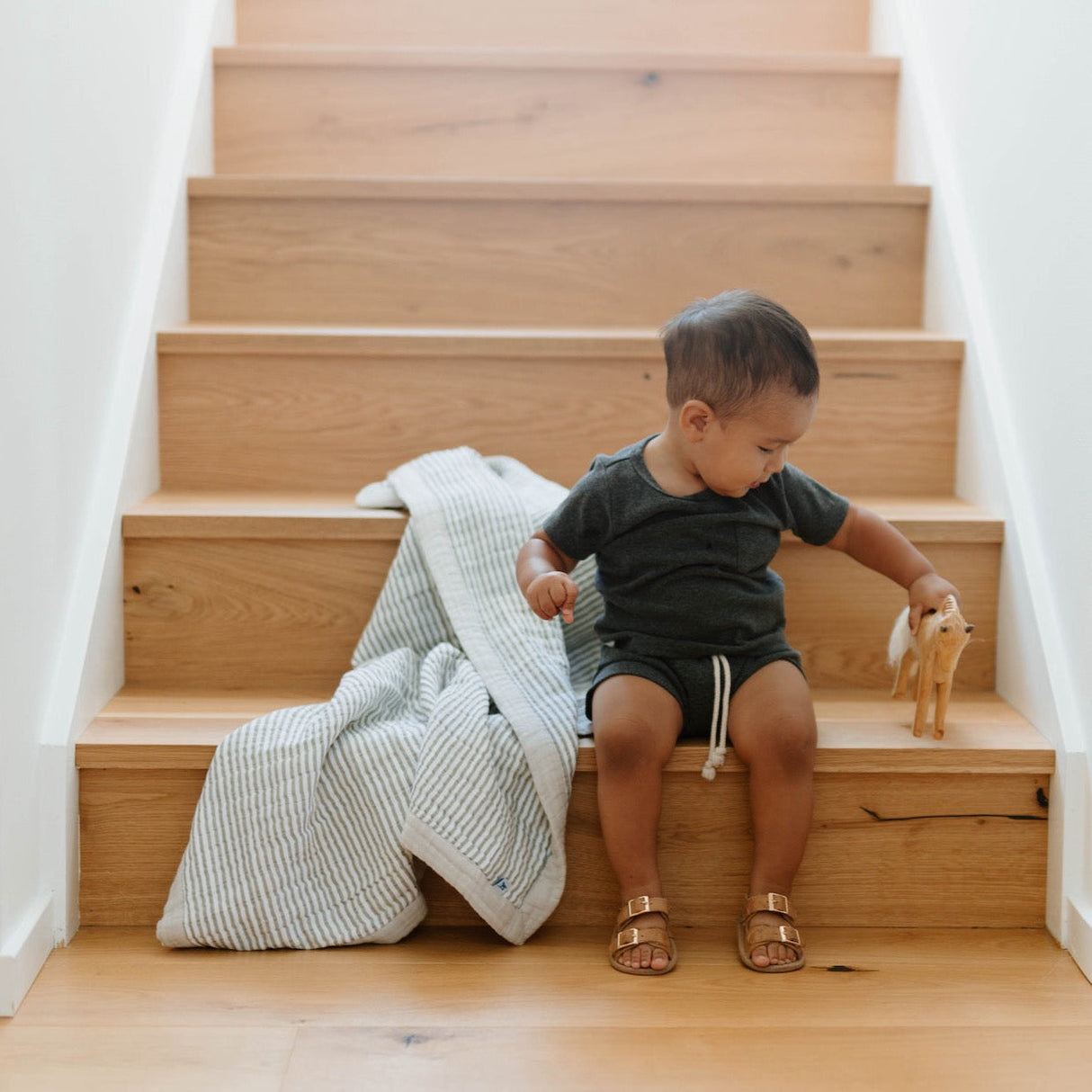 Cotton Muslin Baby Quilt - Grey Stripe - HoneyBug