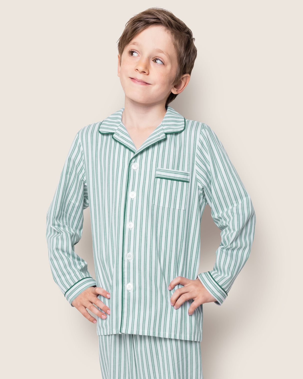 Kid's Twill Pajama Set in Emerald Ticking - HoneyBug