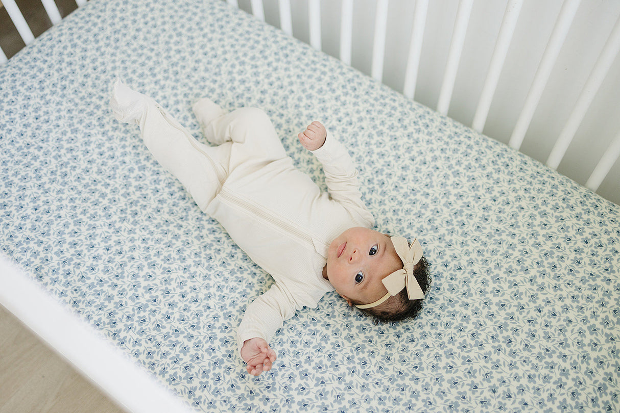 Blue Blossom Muslin Crib Sheet - HoneyBug
