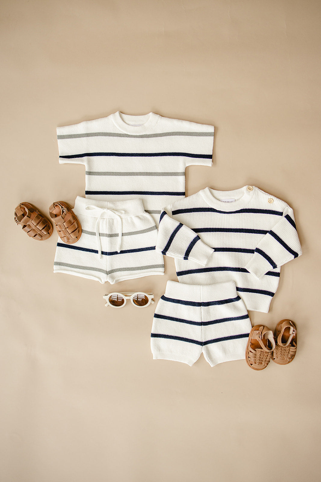 Sage + Navy Stripe Knit Short Set - HoneyBug