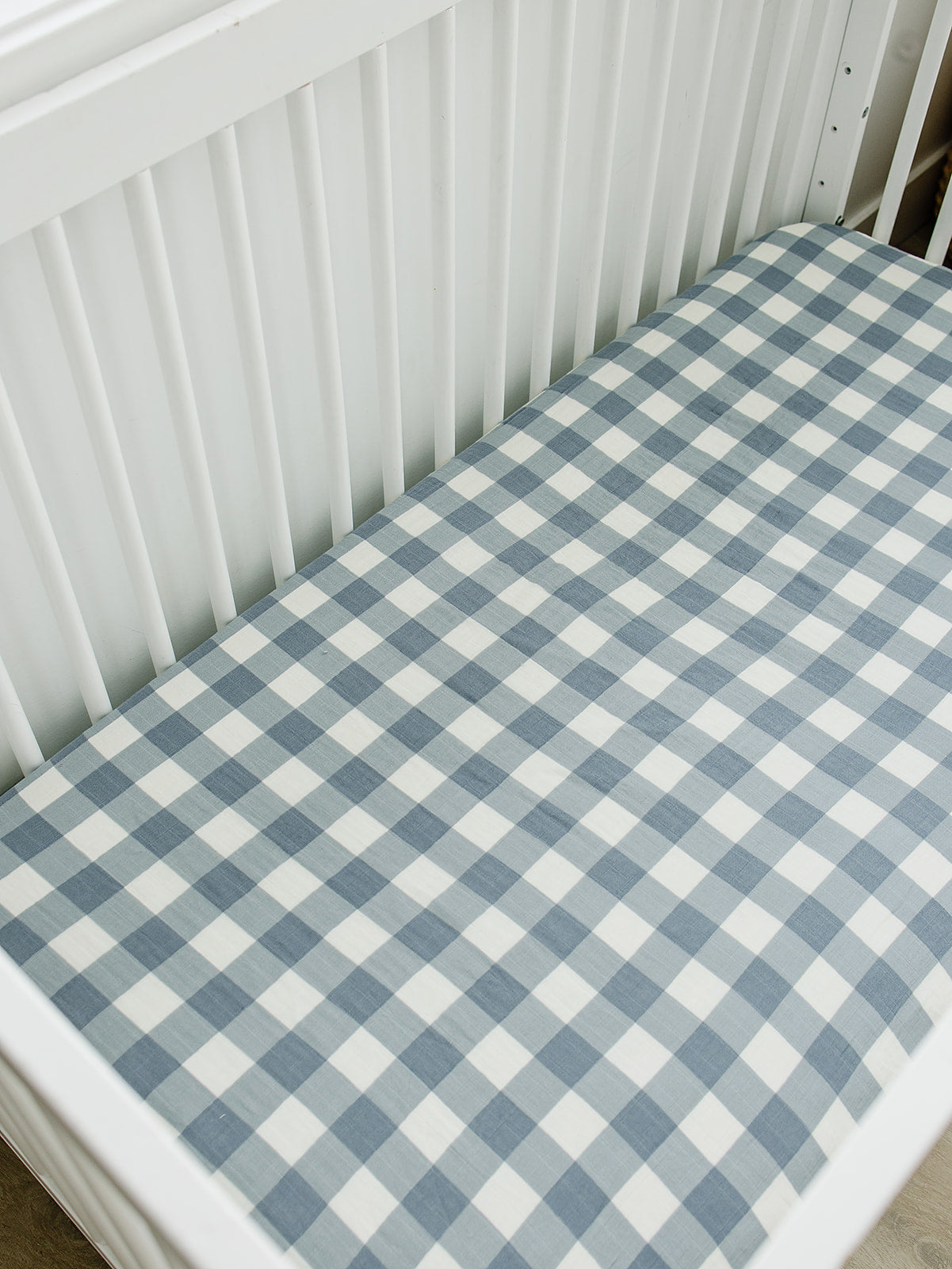 Dusty Blue Gingham Muslin Crib Sheet - HoneyBug