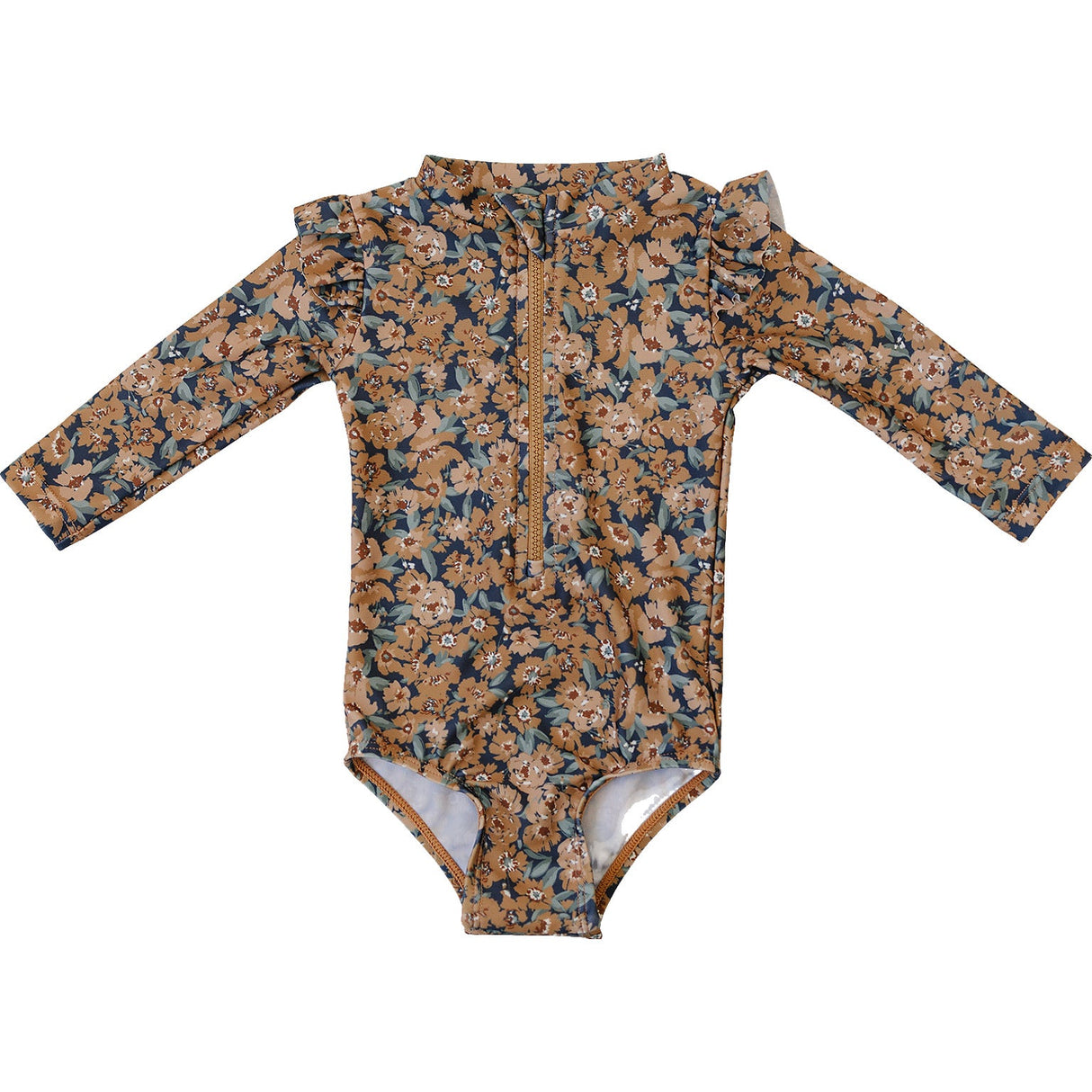 Venetian Floral Long Sleeve Ruffle Zipper One-Piece - HoneyBug