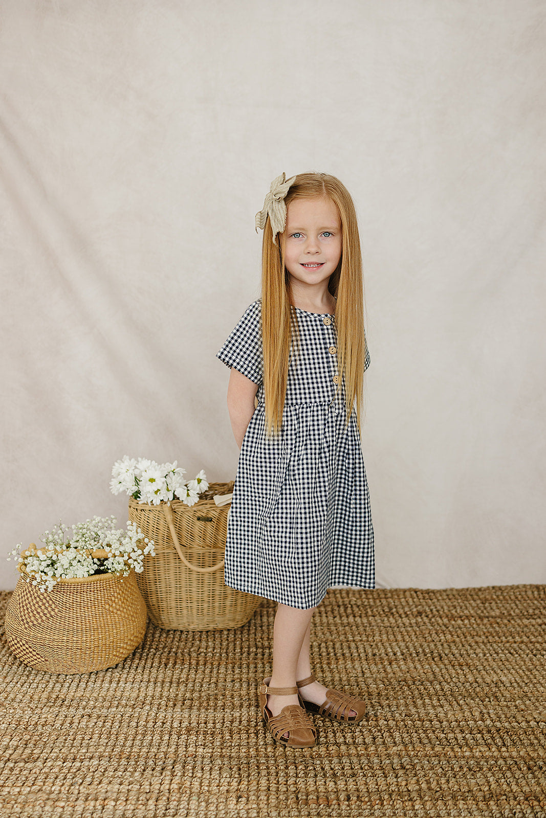 Navy Gingham Linen Cotton Dress - HoneyBug