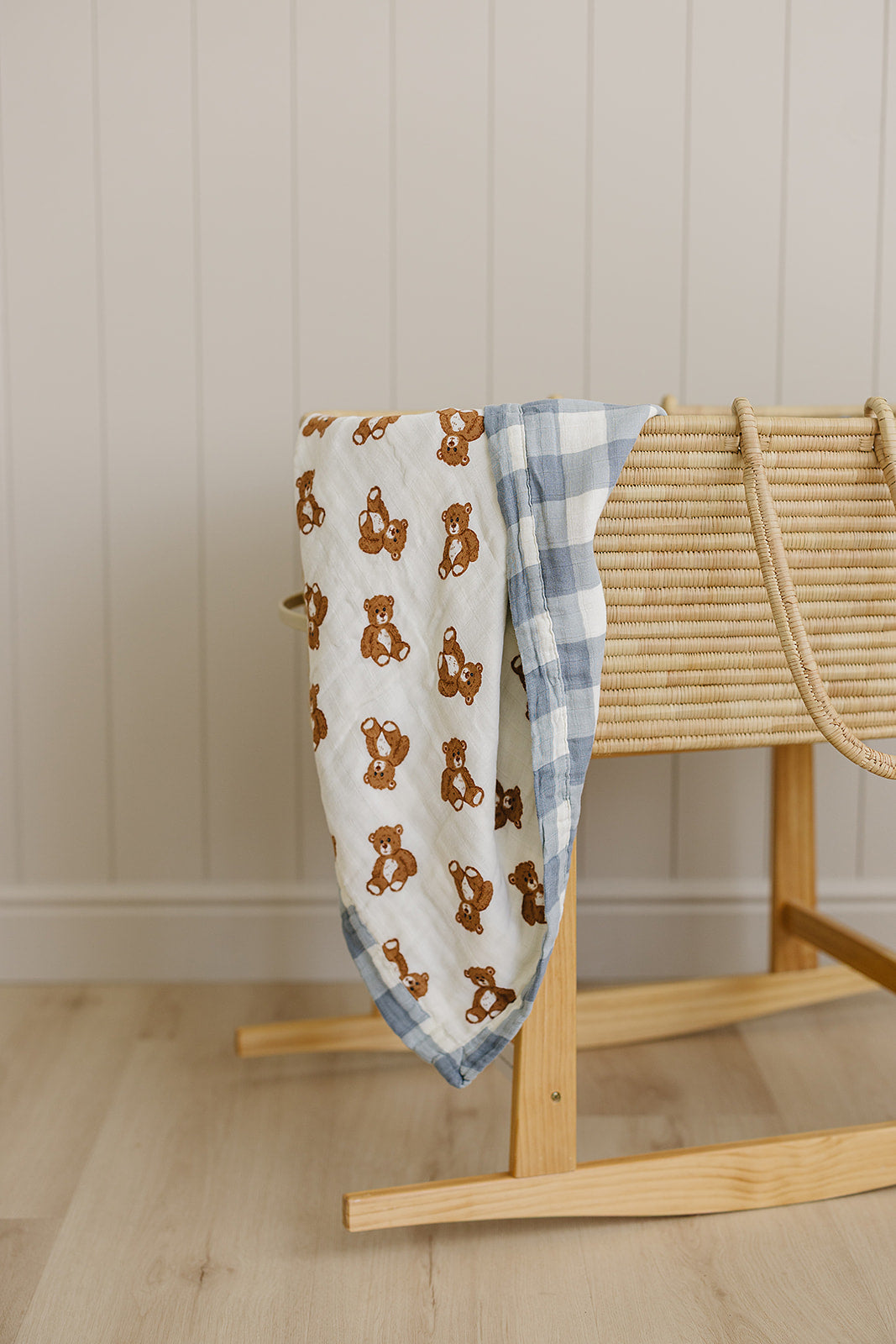 Dusty Blue Gingham + Teddy Bear Muslin Quilt - HoneyBug
