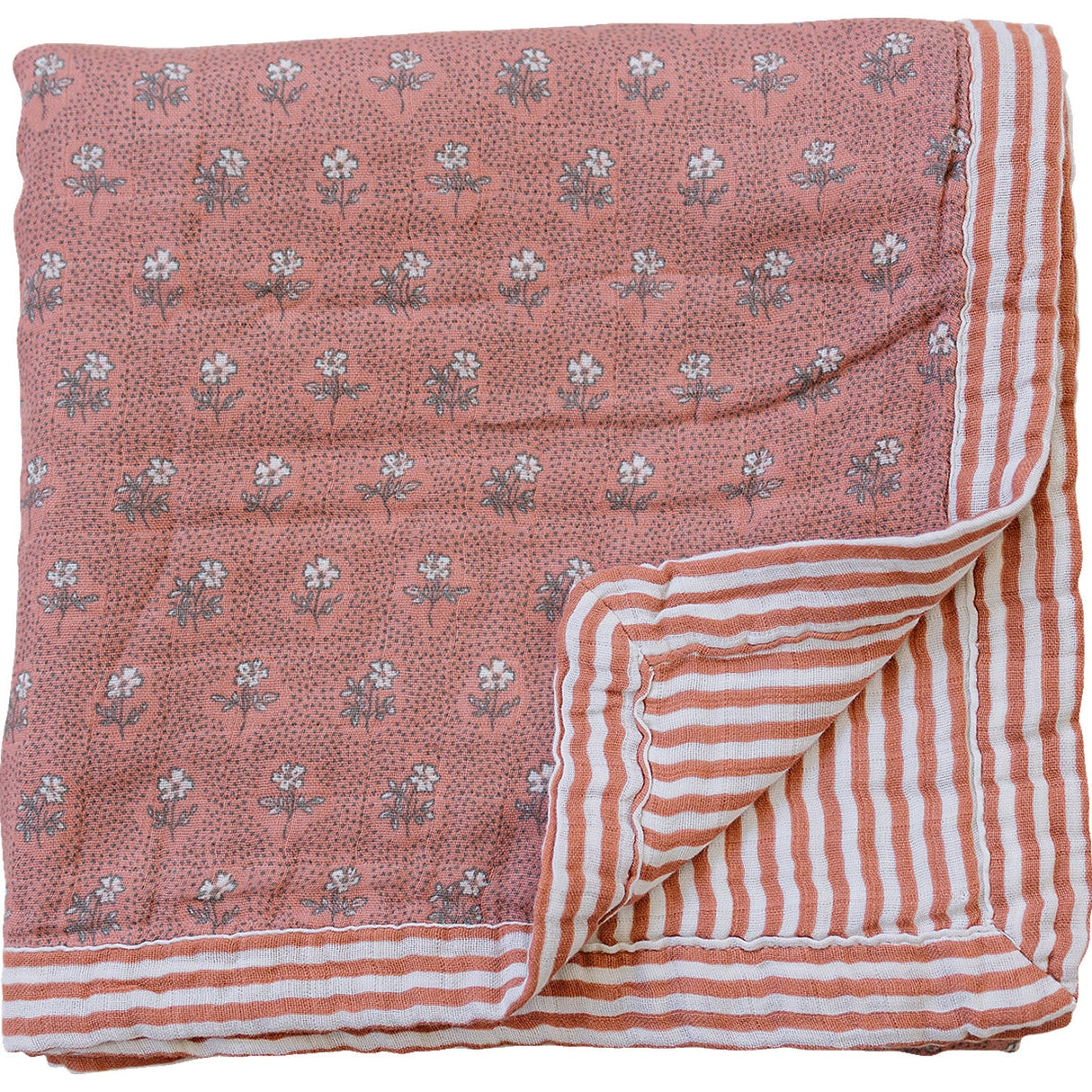 Vintage Pink Floral + Pink Stripes Muslin Quilt - HoneyBug