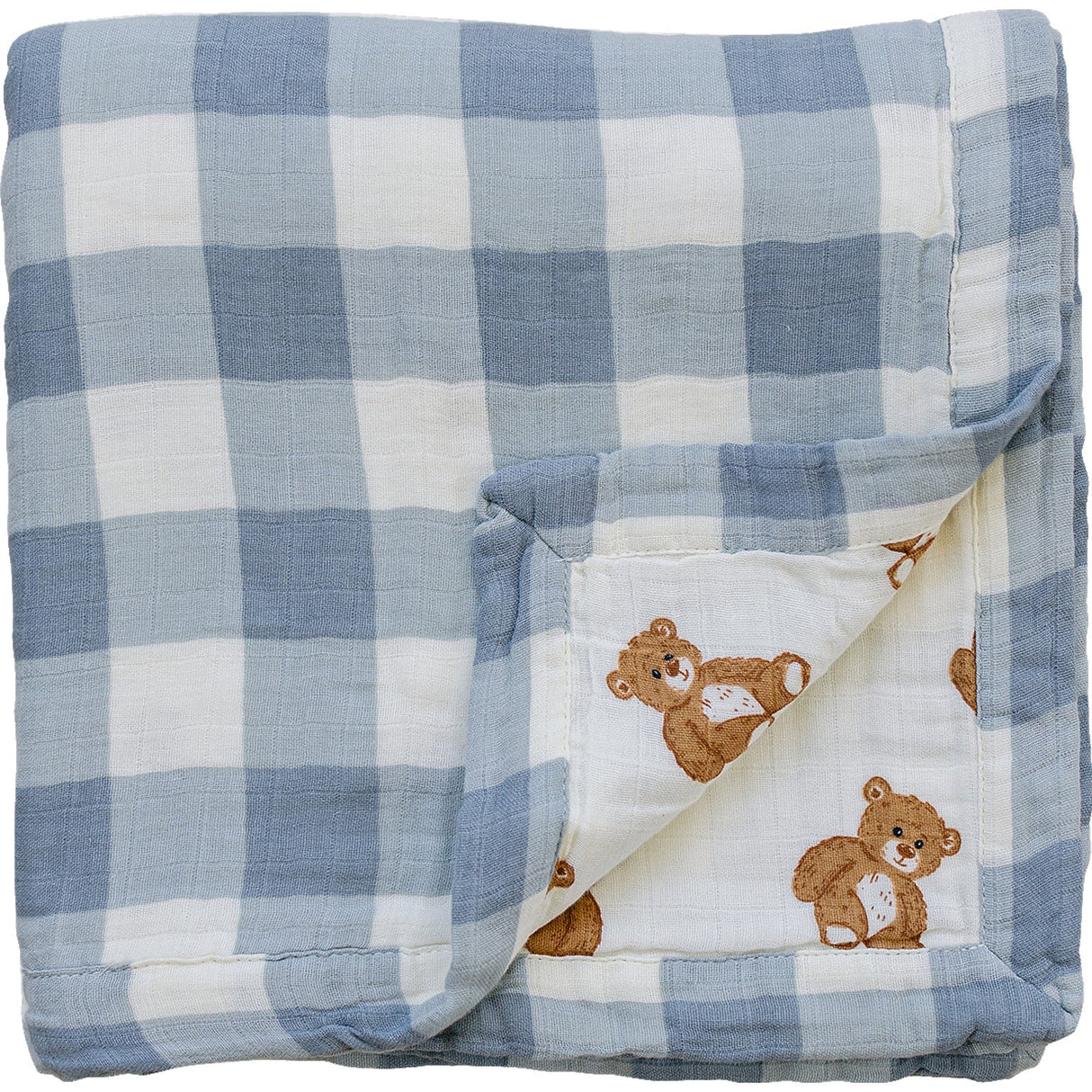 Dusty Blue Gingham + Teddy Bear Muslin Quilt - HoneyBug