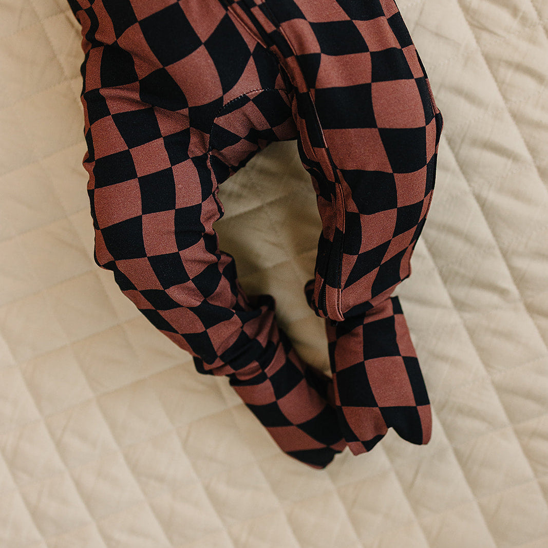 Bamboo Zip Romper | Chocolate Wavy Checkered