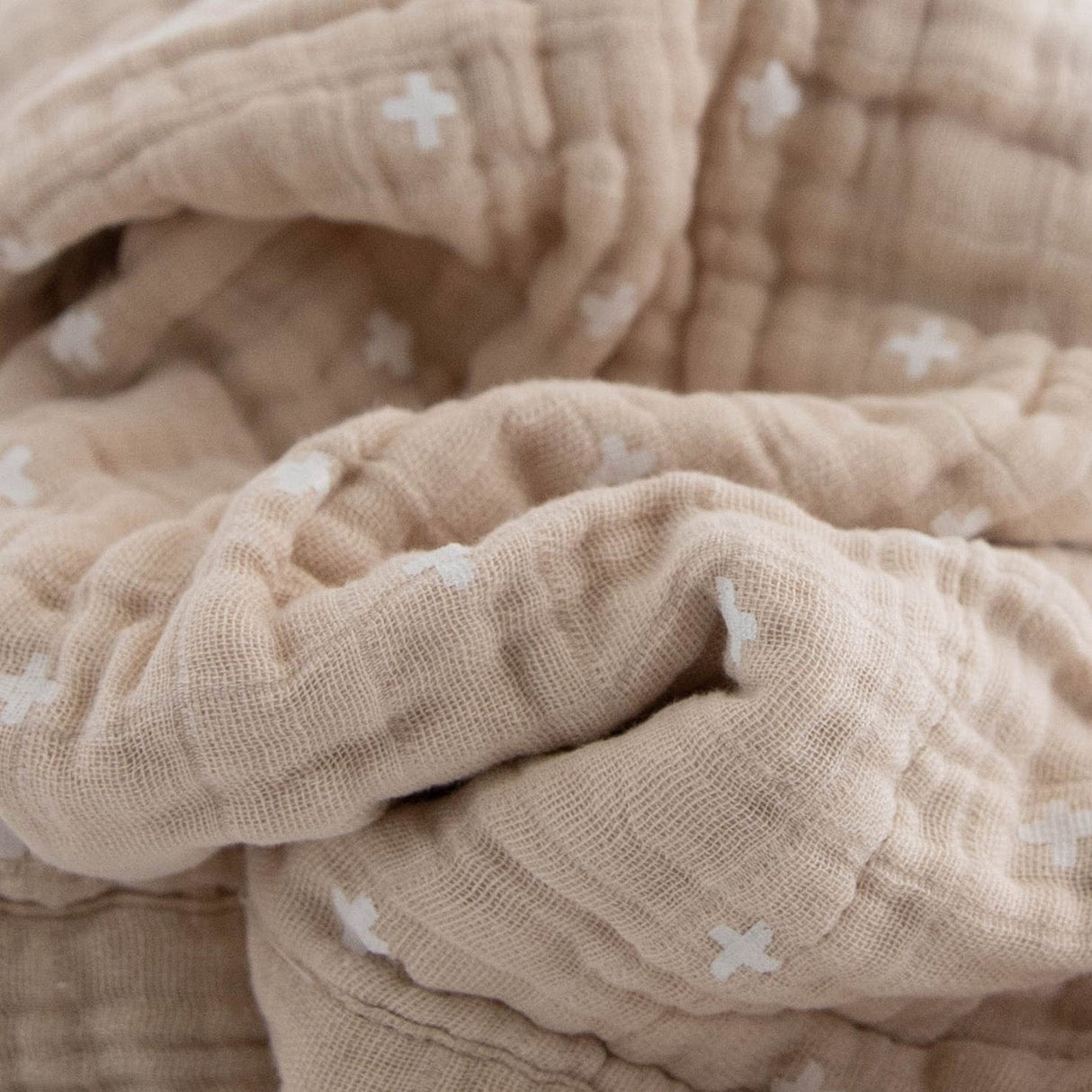Cotton Muslin Baby Quilt - Taupe Cross - HoneyBug