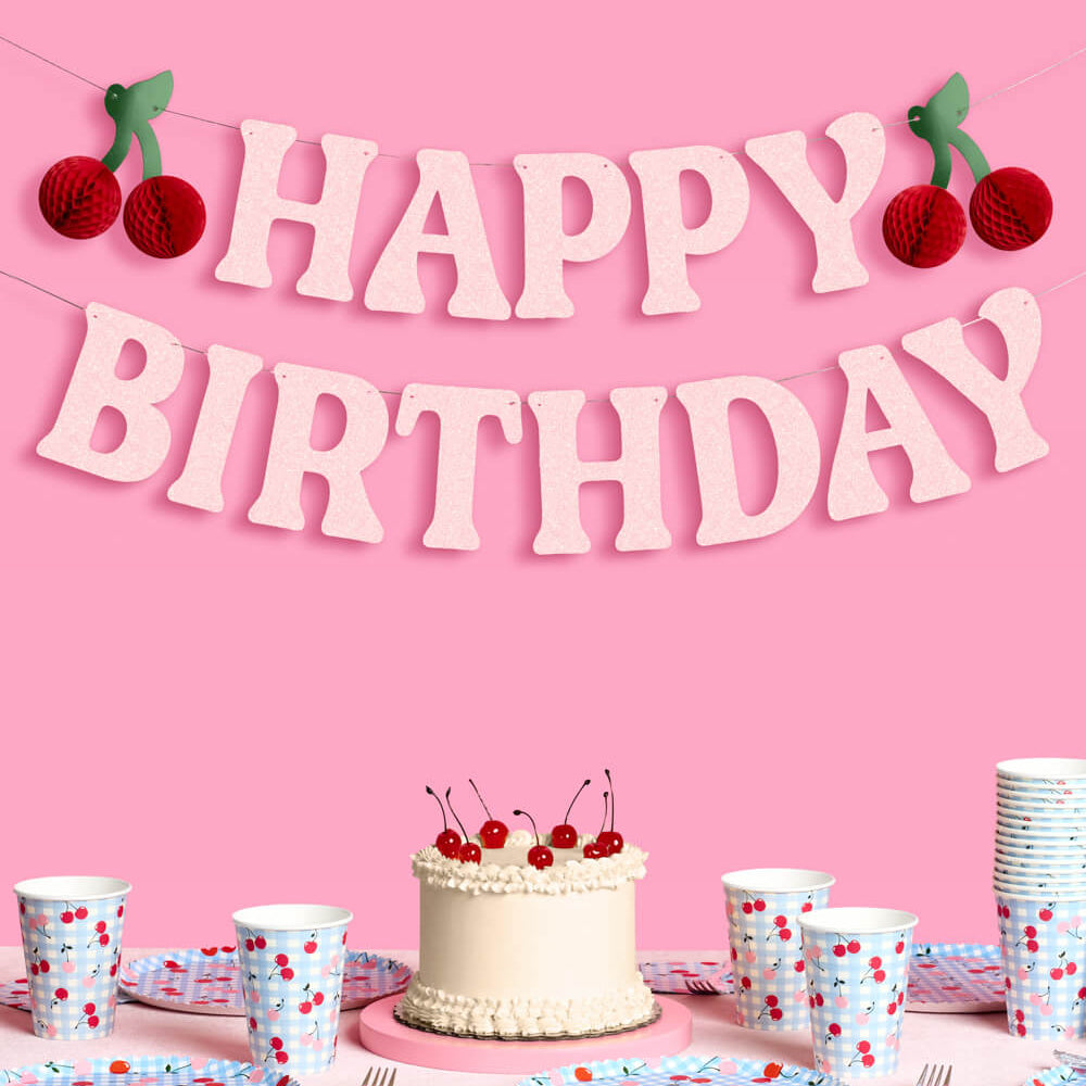 Cherry Birthday Bundle - Tableware, Balloons, Banner + Tats