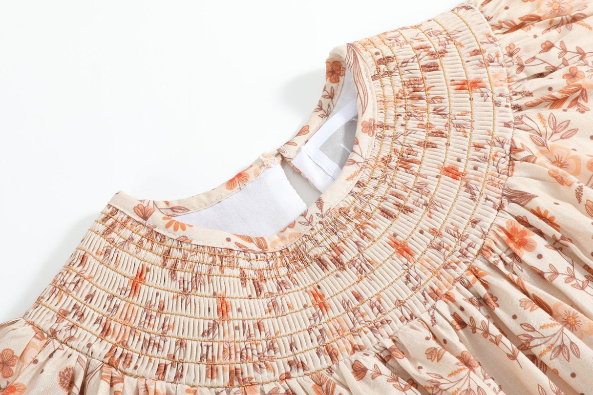 Brown Floral Smocked Bishop Dress