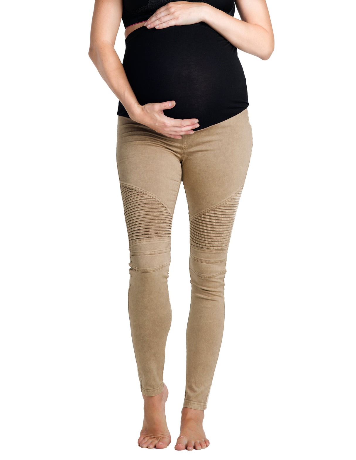 Desert Khaki Moto Maternity Leggings - HoneyBug