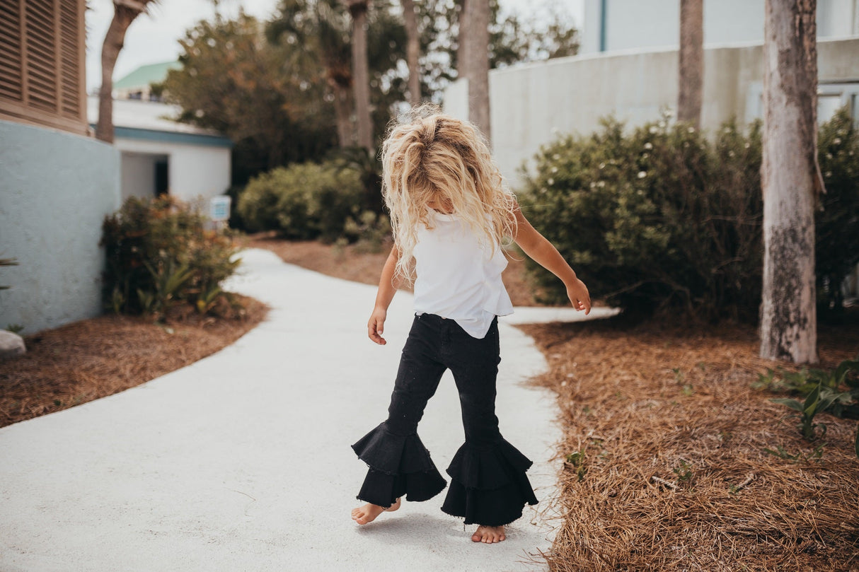 Black Denim Double Ruffle Pant - HoneyBug
