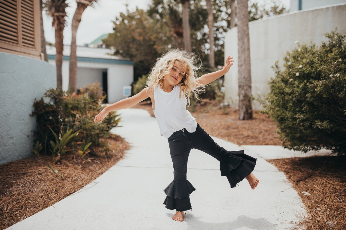 Black Denim Double Ruffle Pant - HoneyBug