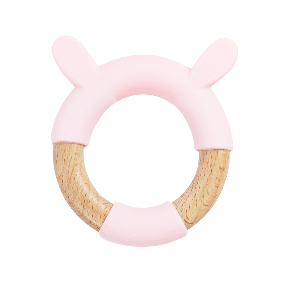 Pink Bunny Circle Bunny Head Teether Wooden + Silicone - HoneyBug