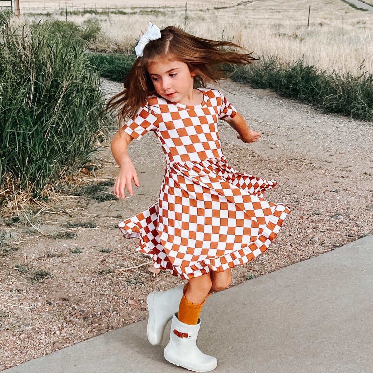 COPPER CHECKERS DREAM RUFFLE DRESS - HoneyBug