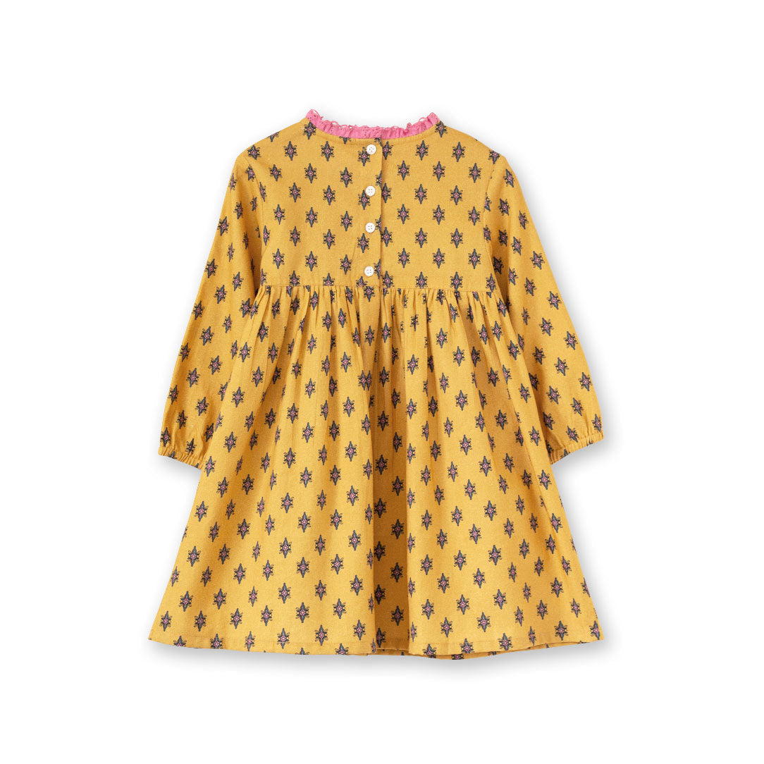 Toddler Long Sleeves Dress with Lace Trim | Yellow and Pink - HoneyBug