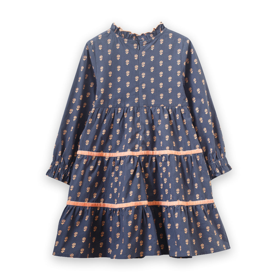 Girls' Long Sleeves Tiered Skirt Dress with Velvet Trim | Orange Floral - HoneyBug